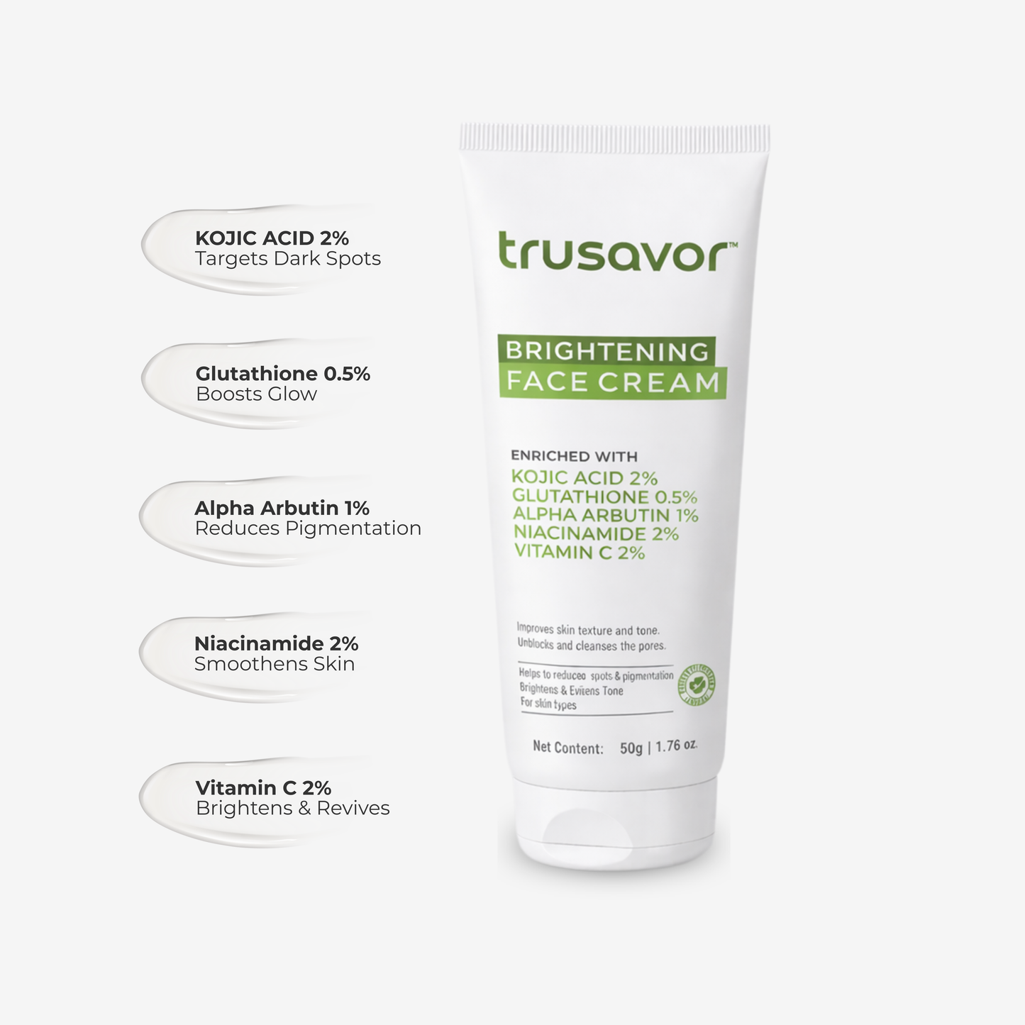 Trusavor Brightening Face Cream | Kojic Acid, Glutathione & Alpha Arbutin | Sweet Almond Oil & Chamomile | Radiance Boosting Daily Moisturizer | Non-Greasy | For Women & Men | All Skin Types | 50 gm