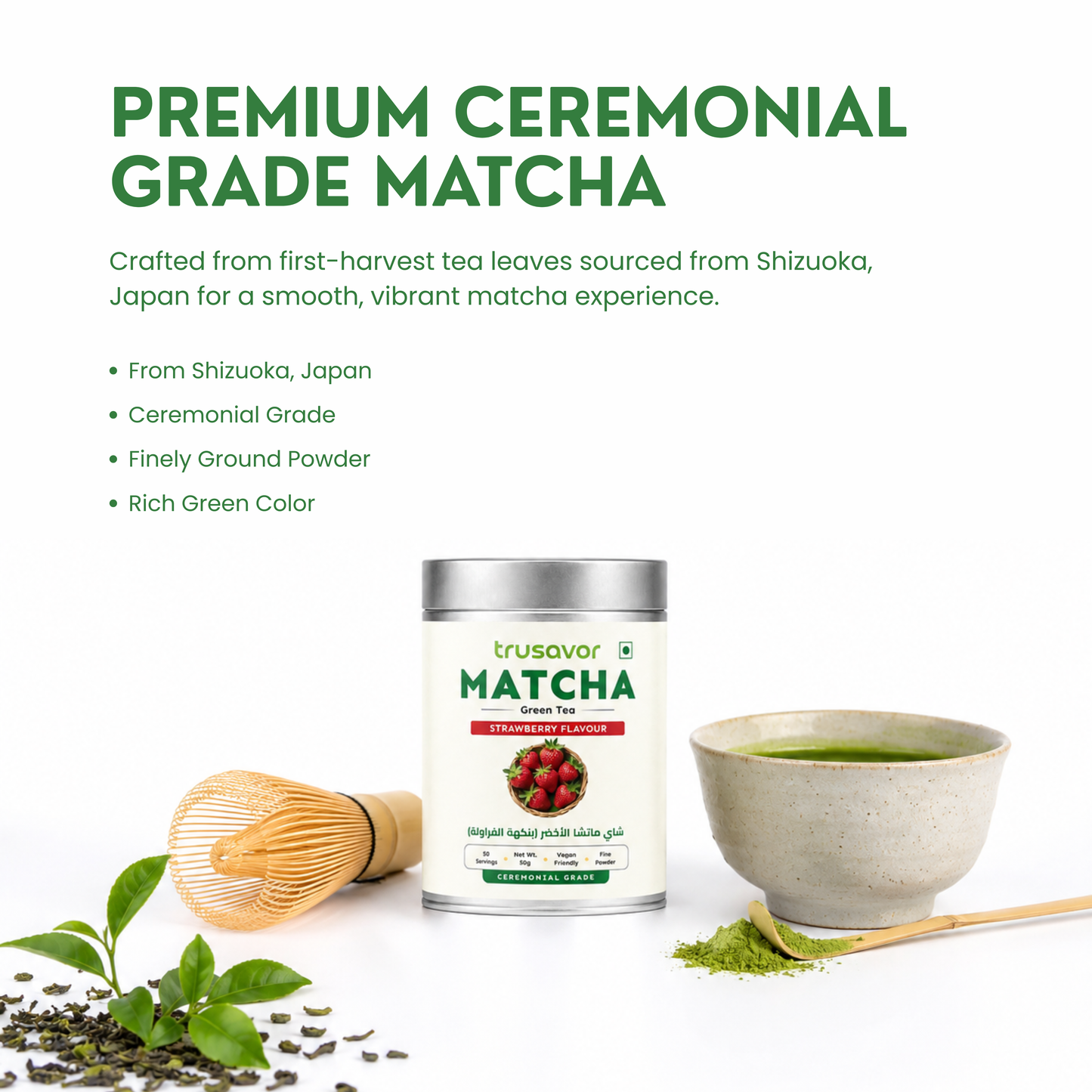 Trusavor Matcha Green Tea Powder Strawberry Flavour 50g Jar | Premium Japanese Matcha from Shizuoka District