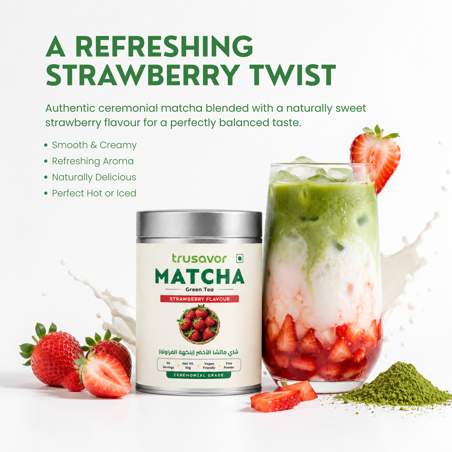 Trusavor Matcha Green Tea Powder Strawberry Flavour 50g Jar | Premium Japanese Matcha from Shizuoka District
