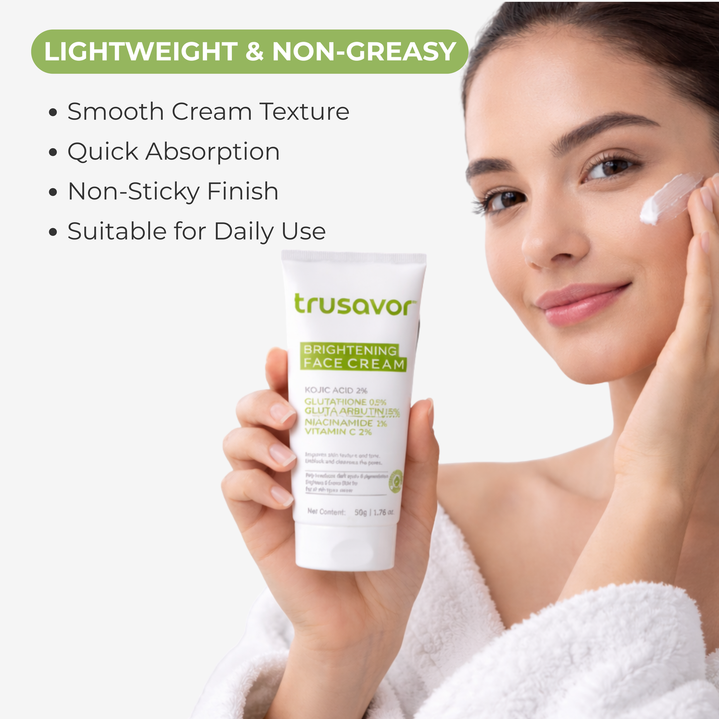 Trusavor Brightening Face Cream | Kojic Acid, Glutathione & Alpha Arbutin | Sweet Almond Oil & Chamomile | Radiance Boosting Daily Moisturizer | Non-Greasy | For Women & Men | All Skin Types | 50 gm