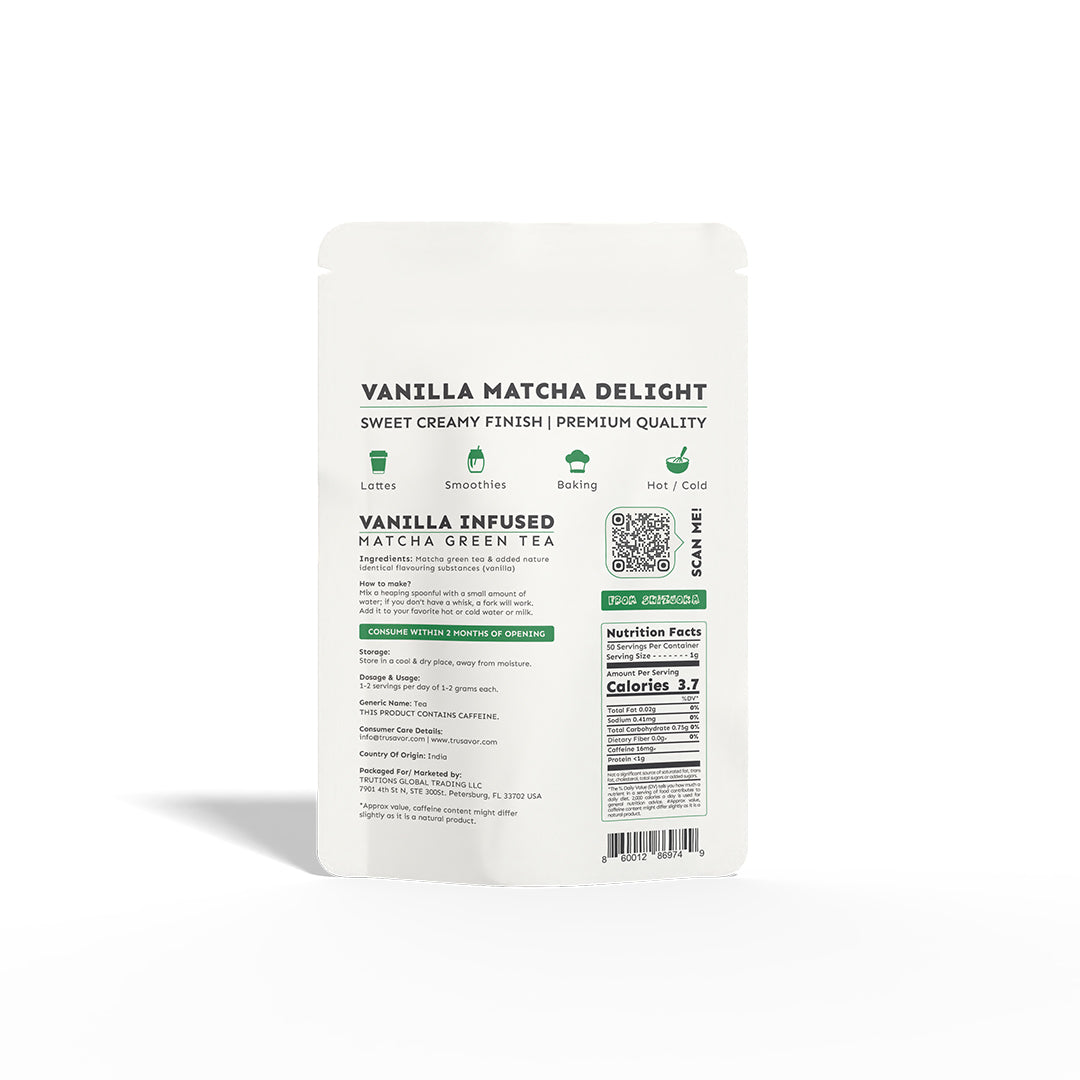 Trusavor Vanilla Matcha Green Tea Powder | Delicious Vanilla Matcha Latte | Sweet Creamy Finish | No Artificial Sweeteners | 50 gram 50 Servings