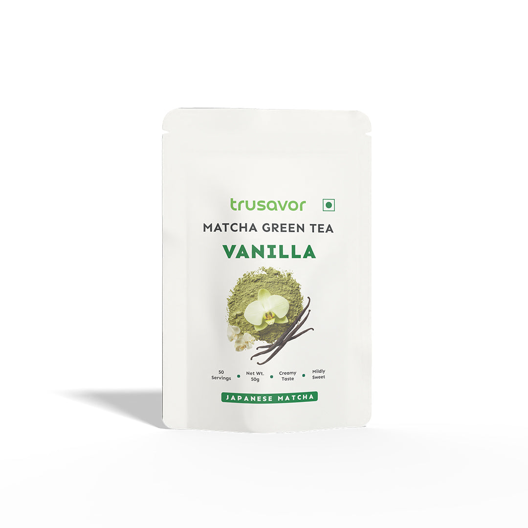 Trusavor Vanilla Matcha Green Tea Powder | Delicious Vanilla Matcha Latte | Sweet Creamy Finish | No Artificial Sweeteners | 50 gram 50 Servings