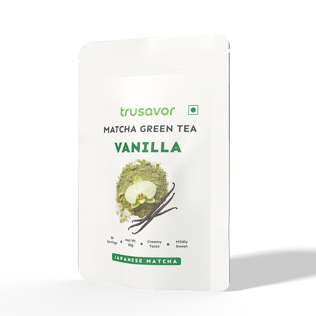 Trusavor Vanilla Matcha Green Tea Powder | Delicious Vanilla Matcha Latte | Sweet Creamy Finish | No Artificial Sweeteners | 50 gram 50 Servings