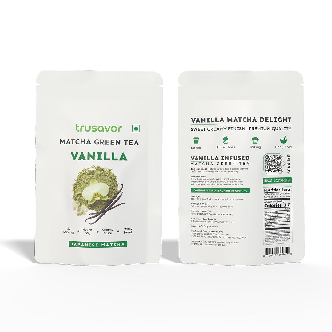 Trusavor Vanilla Matcha Green Tea Powder | Delicious Vanilla Matcha Latte | Sweet Creamy Finish | No Artificial Sweeteners | 50 gram 50 Servings