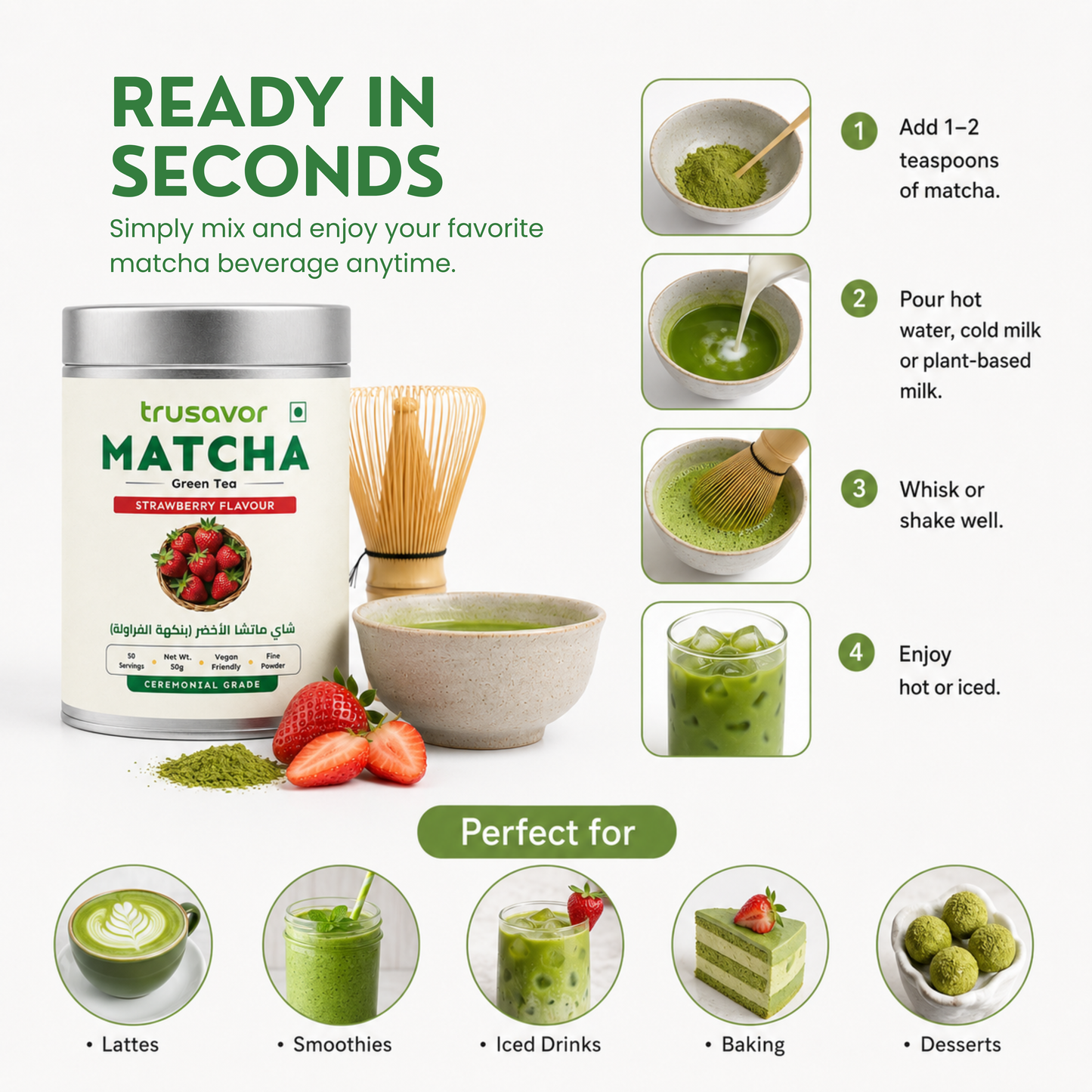 Trusavor Matcha Green Tea Powder Strawberry Flavour 50g Jar | Premium Japanese Matcha from Shizuoka District