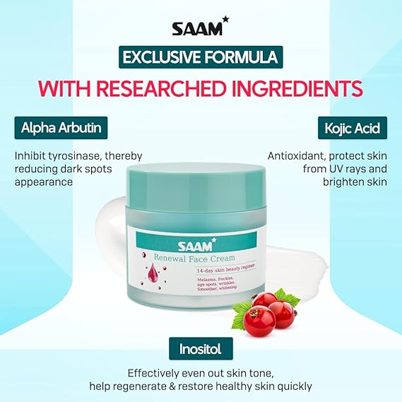 Saam Renewal Face Cream | Melasma, Freckles, Age Spots & Dark Spots | With Alpha Arbutin and Kojic Acid | 50g