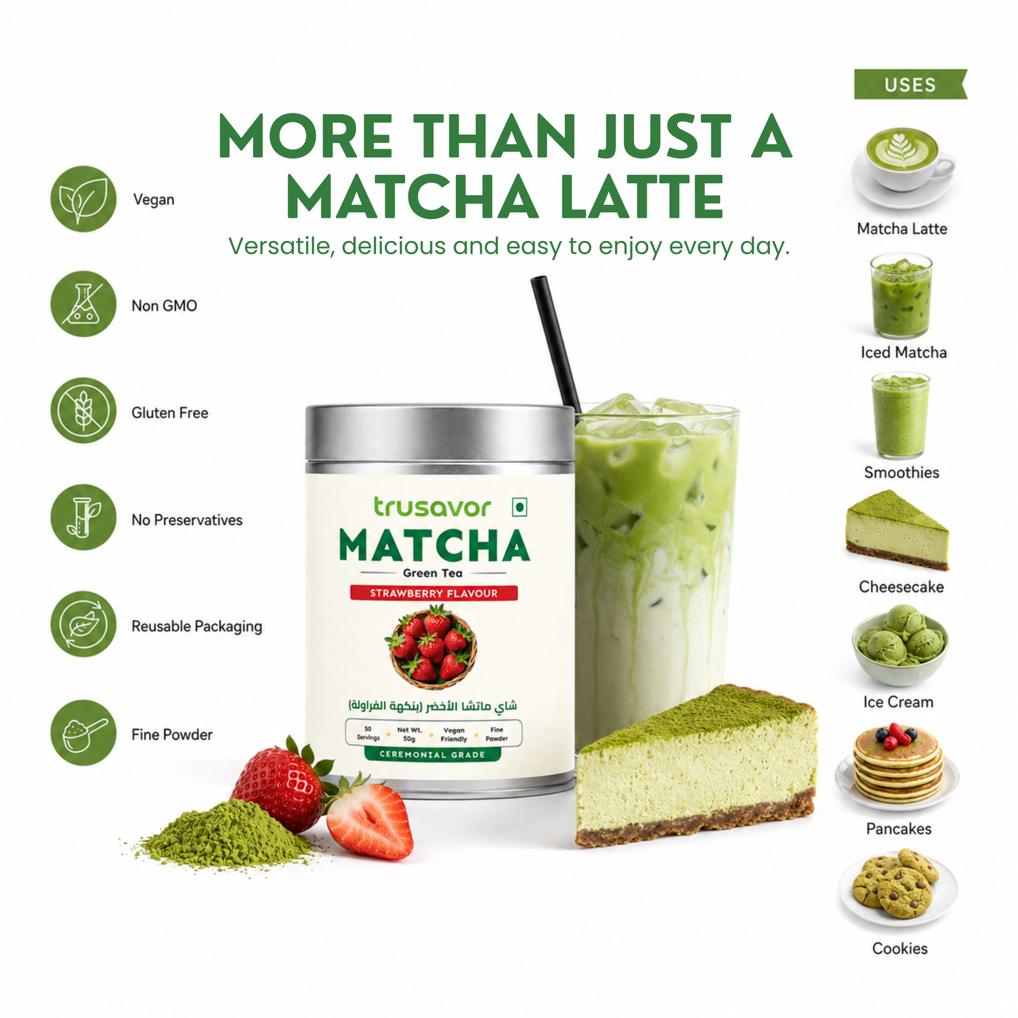 Trusavor Matcha Green Tea Powder Strawberry Flavour 50g Jar | Premium Japanese Matcha from Shizuoka District