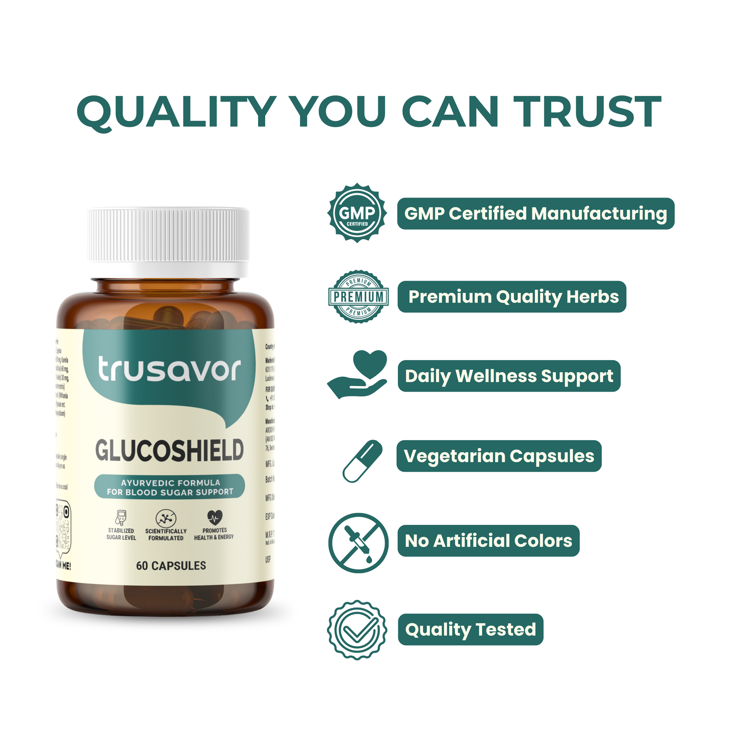 Trusavor Glucoshield | Ayurvedic Herbal Supplement for Daily Blood Sugar Wellness Support | 60 Vegetarian Capsules