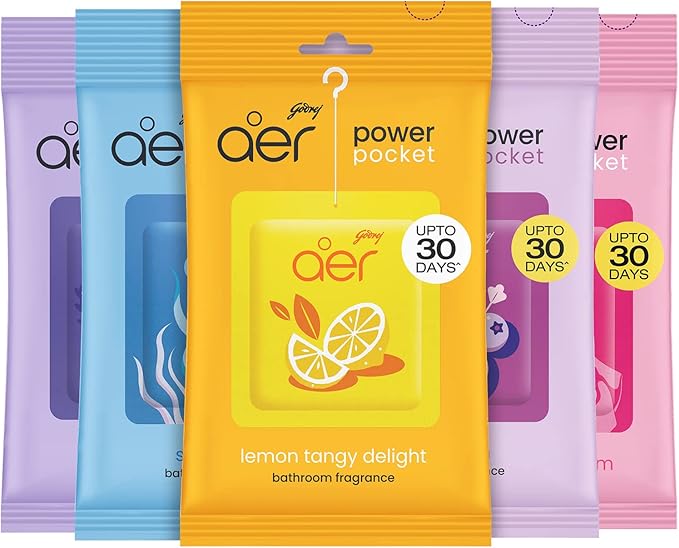 Godrej aer Power Pocket Air Freshener- Bathroom and Toilet Lasts Up to 30 days Assorted Pack of 5 (50g), Multicolour