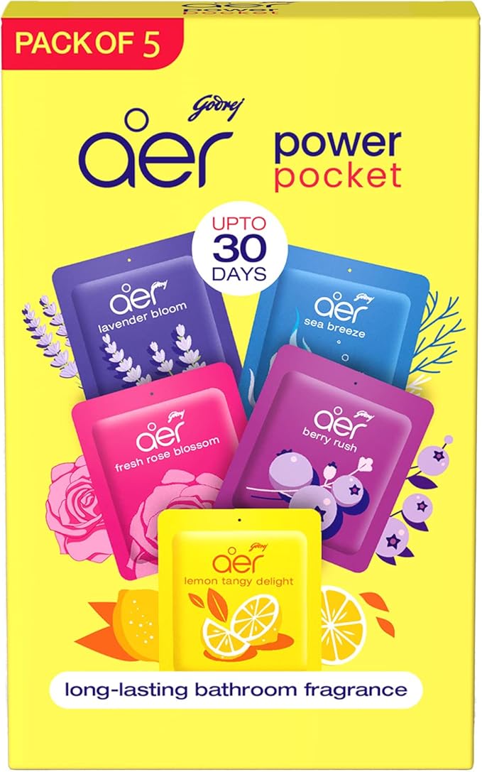 Godrej aer Power Pocket Air Freshener- Bathroom and Toilet Lasts Up to 30 days Assorted Pack of 5 (50g), Multicolour