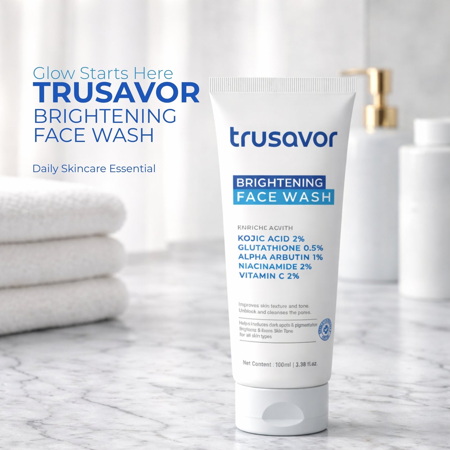 Trusavor 2% Kojic Acid Brightening Face Wash | Glutathione, Niacinamide, Alpha Arbutin & Vitamin C | SLS-Free Deep Cleansing | Fades Dark Spots & Dullness | For Women & Men | All Skin Types | 100 ml
