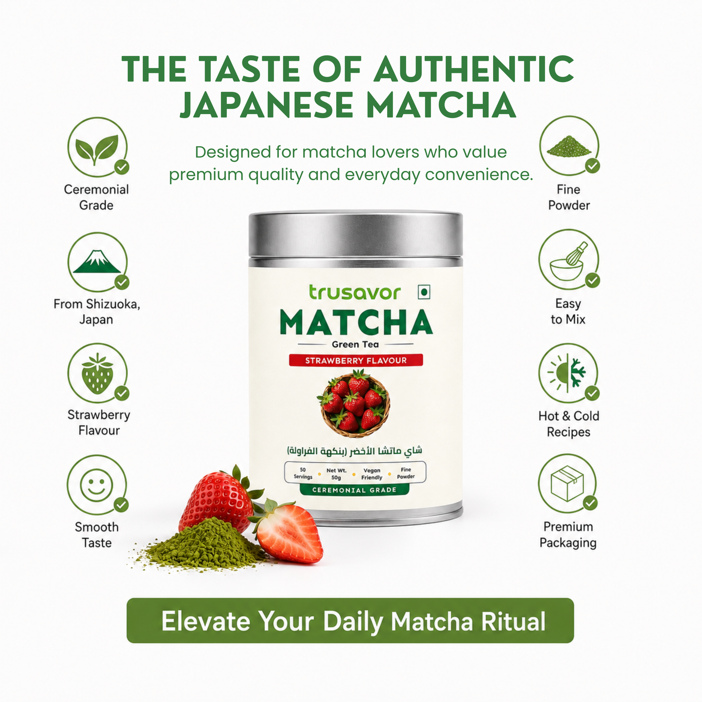Trusavor Matcha Green Tea Powder Strawberry Flavour 50g Jar | Premium Japanese Matcha from Shizuoka District