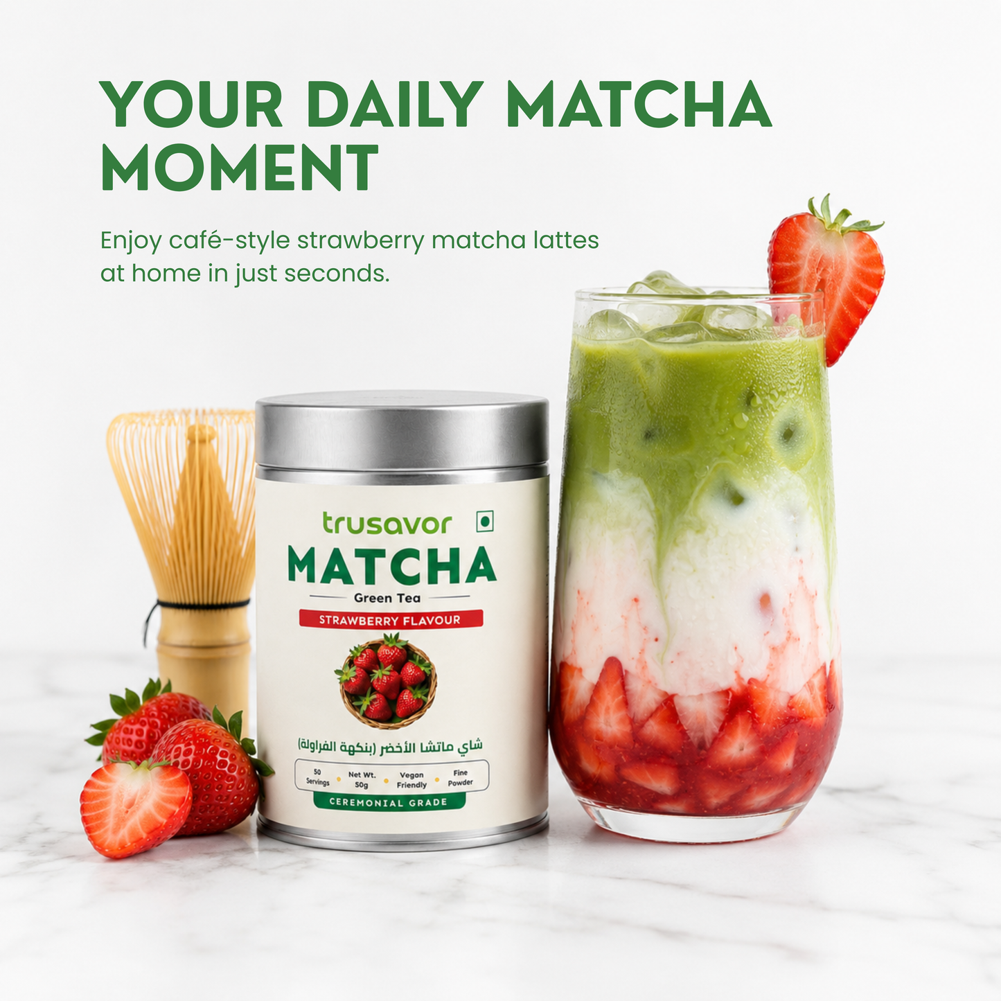 Trusavor Matcha Green Tea Powder Strawberry Flavour 50g Jar | Premium Japanese Matcha from Shizuoka District