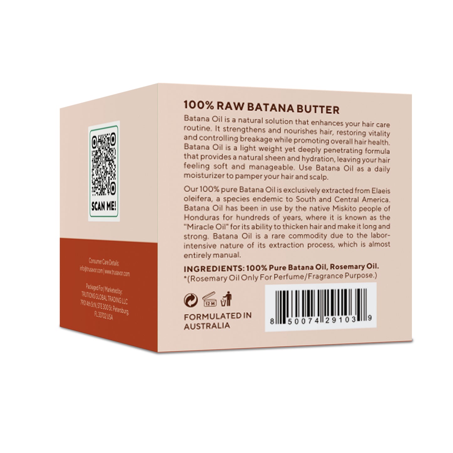 Trusavor 100% Raw Batana Butter, Organic Hair Care Oil Treatment, Natural Moisturizer with Rosemary, 100g/3.35fl.oz