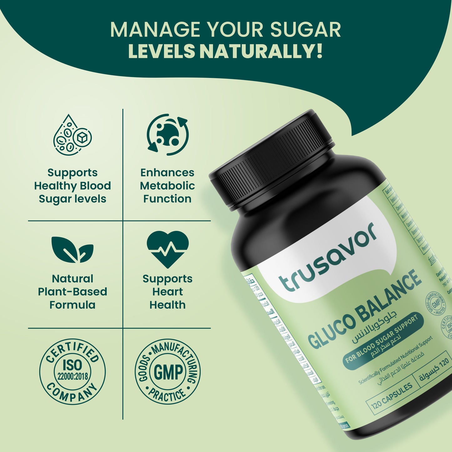 Trusavor Gluco Balance – Blood Sugar Support | 120 Natural Capsules with Amla, Jamun, Aloe Vera, Tulsi & More