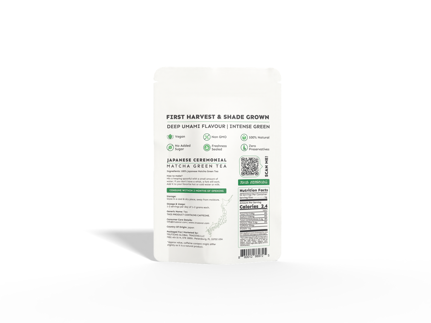 Trusavor Ceremonial Matcha Green Tea, First Harvest, Japanese, 50g, Deep Umami Flavour