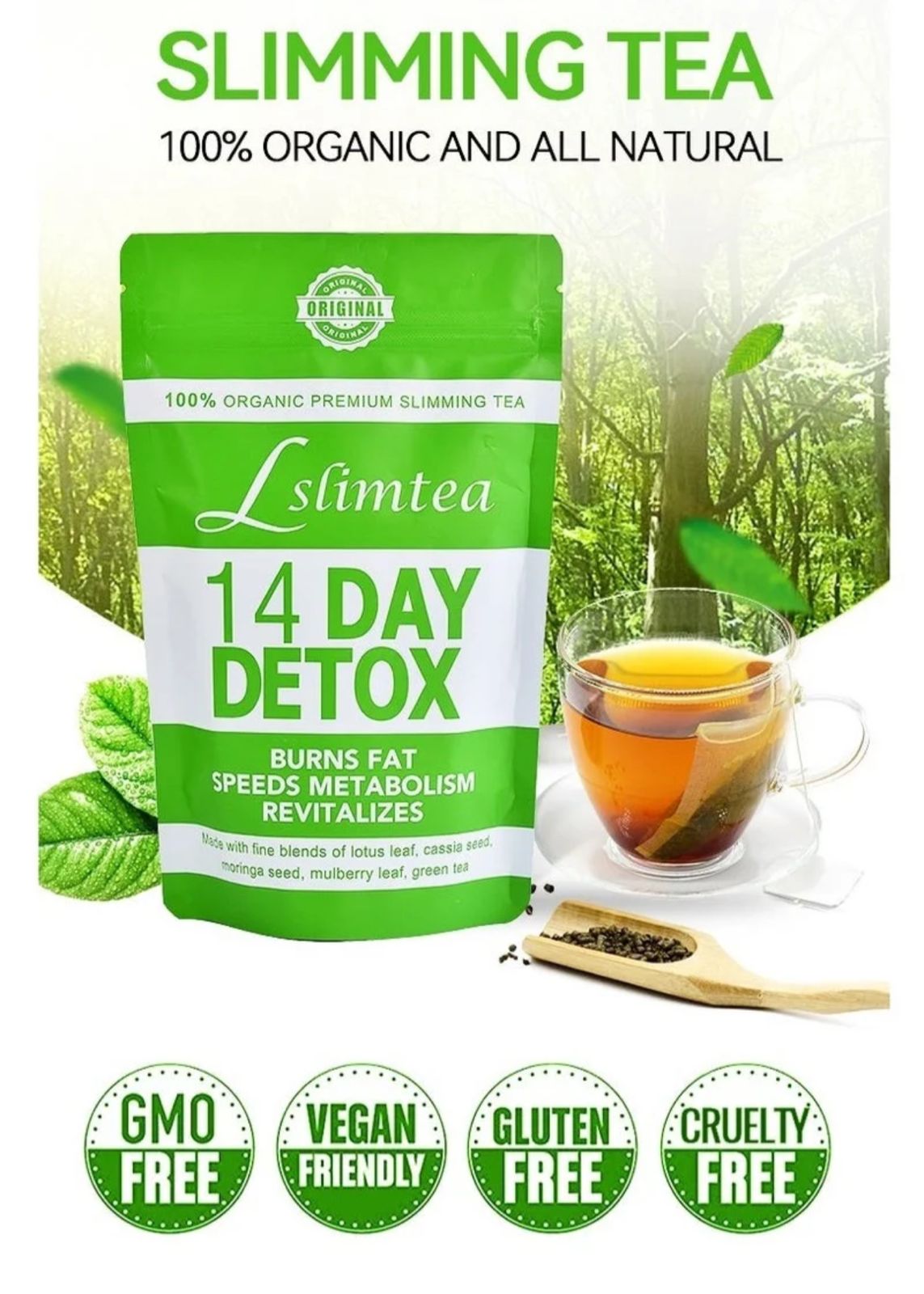 Lslimtea 14 Day Detox Tea, Organic Premium Slimming Tea, Fat Burning Metabolism Booster