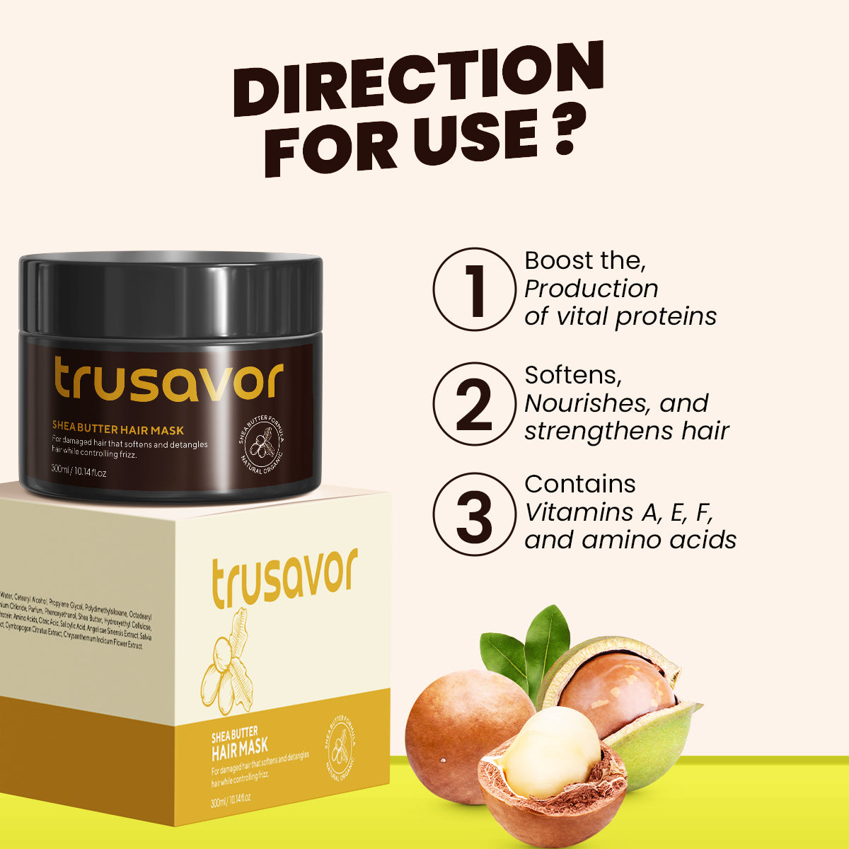 Trusavor Shea Butter Hair Mask, Nourishing Treatment for Damaged Hair, Frizz Control, 300ml
