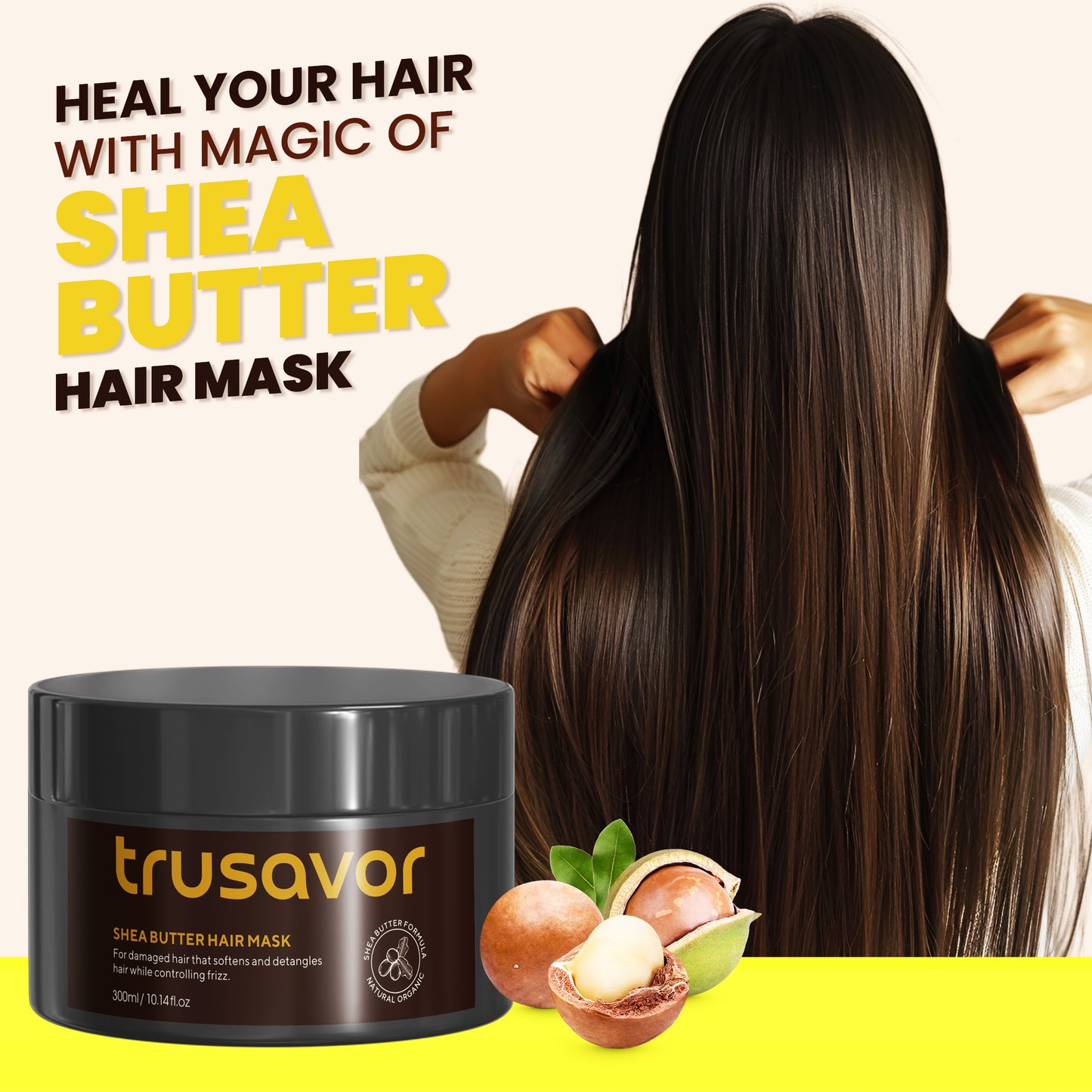 Trusavor Shea Butter Hair Mask, Nourishing Treatment for Damaged Hair, Frizz Control, 300ml