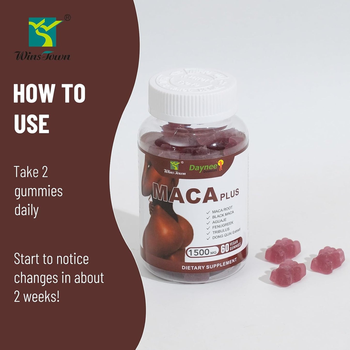 Wins Town Maca Plus Gummies, 1500mg Big Booty Enhancer with Black Maca Root & Dong Quai Extract, Gluteus Boost Vitamins for Women, Fruit Flavor, 60 Count