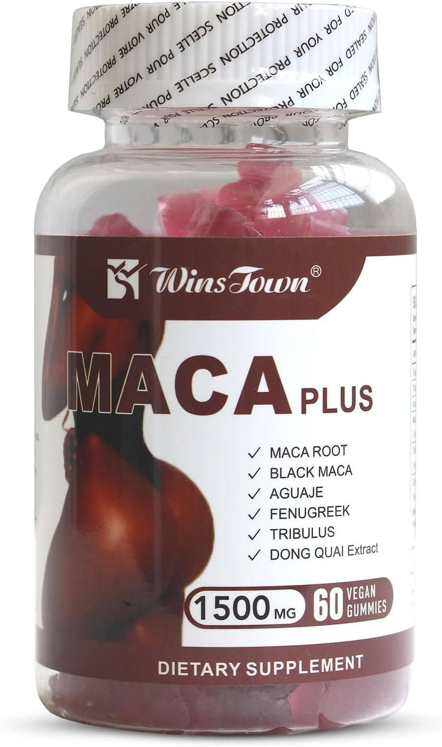 Wins Town Maca Plus Gummies, 1500mg Big Booty Enhancer with Black Maca Root & Dong Quai Extract, Gluteus Boost Vitamins for Women, Fruit Flavor, 60 Count