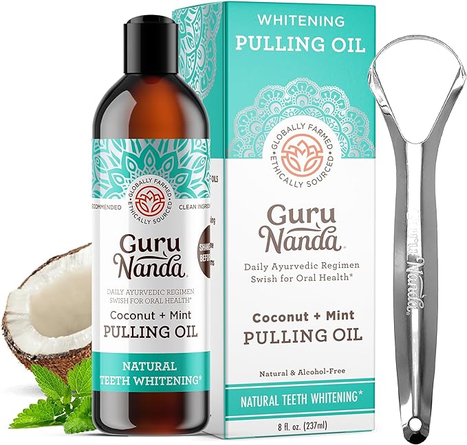 GuruNanda Oil Pulling (8 Fl.Oz) with Coconut & Peppermint Oil with Tongue Scraper Inside the Box - Natural, Alcohol Free Mouthwash to Help With Fresh Breath, Teeth Whitening and Healthier Teeth & Gums