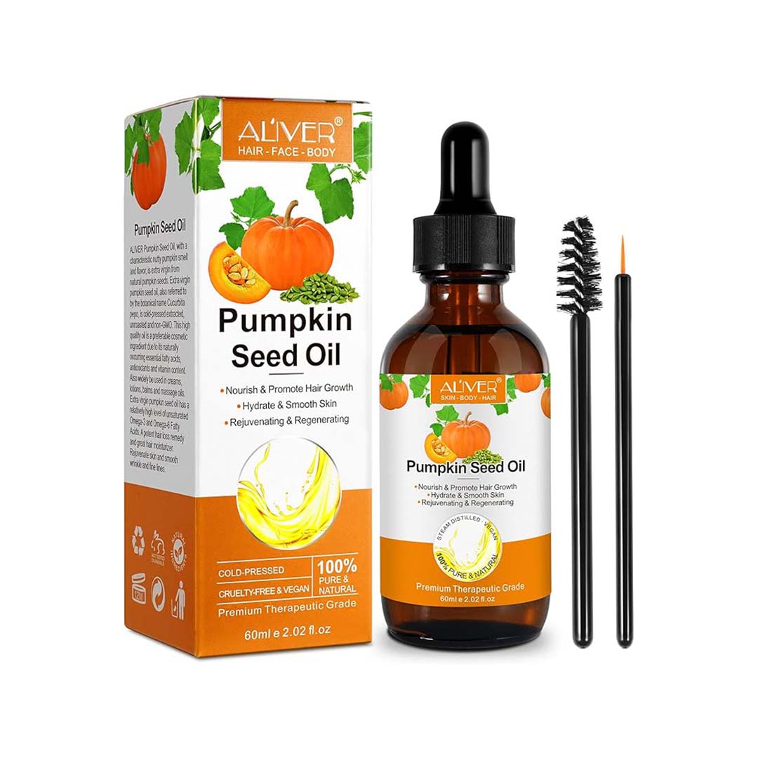 Pumpkin Seed Oil, 100% Pure Cold Pressed Pumpkin Seed Oil for Hair Growth, Boost Hair Growth for Eyelashes, Eyebrows & Dry Damaged Hair, Moisturizer Face, Hair, Body & Skin Care