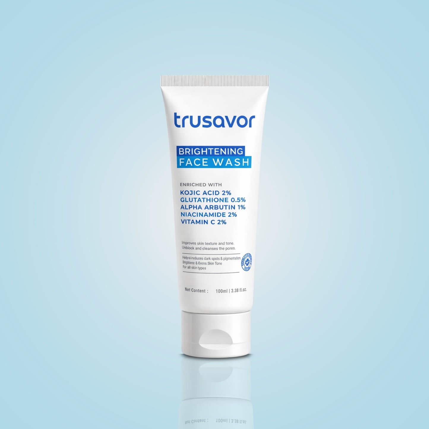 Trusavor 2% Kojic Acid Brightening Face Wash | Glutathione, Niacinamide, Alpha Arbutin & Vitamin C | SLS-Free Deep Cleansing | Fades Dark Spots & Dullness | For Women & Men | All Skin Types | 100 ml