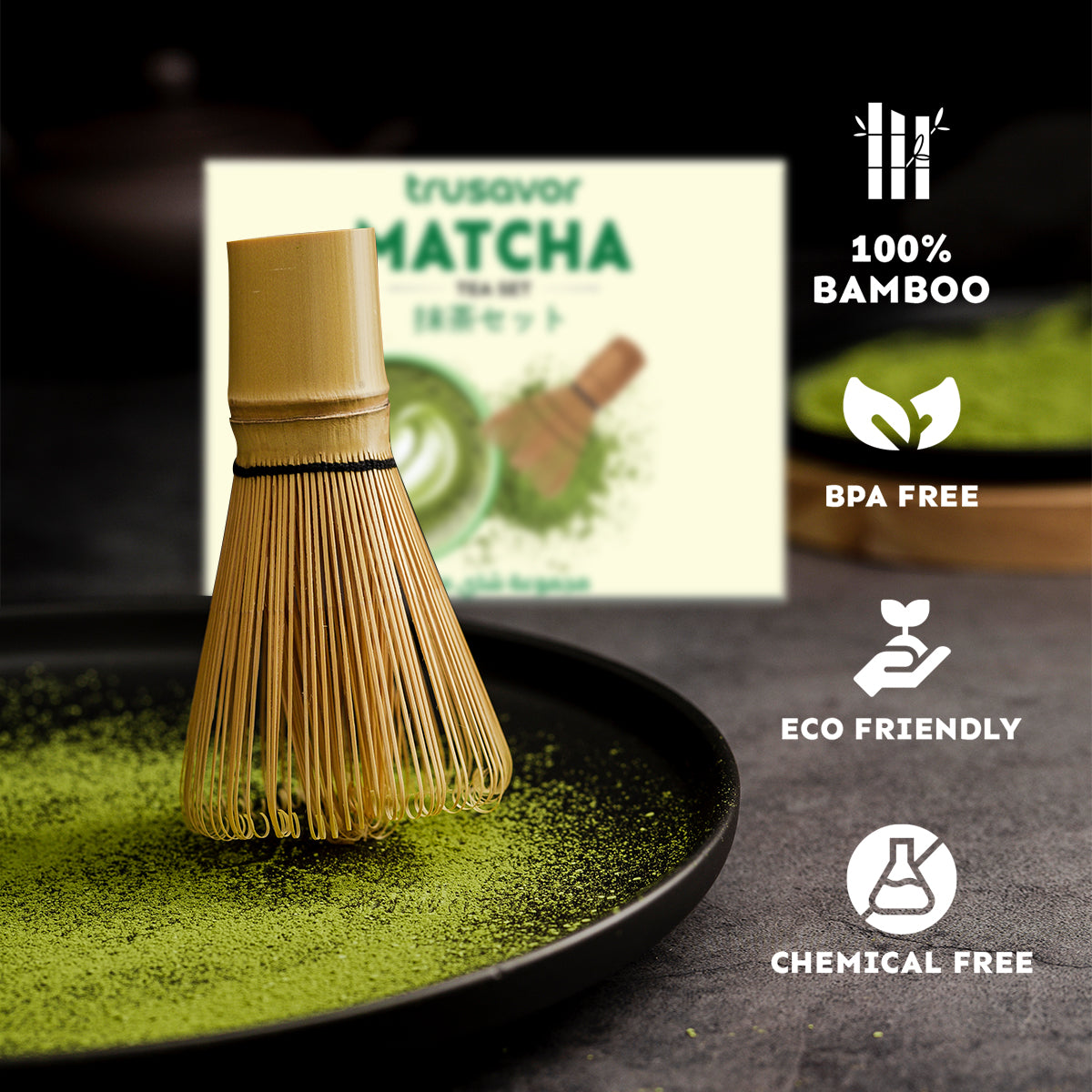 Trusavor Traditional Matcha Tea Set, Green Ceramic Bowl and Whisk, Complete Kit with Bamboo Tools for Hot and Iced Matcha Preparation