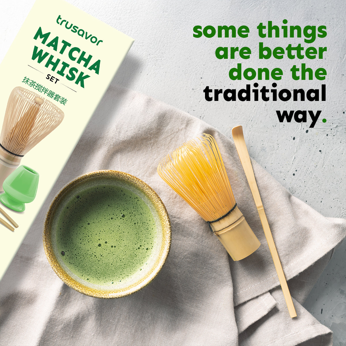Trusavor Matcha Whisk Set, Traditional Bamboo Chasen with Stand and Scoop, Green and Natural, Manual Tea Preparation Kit