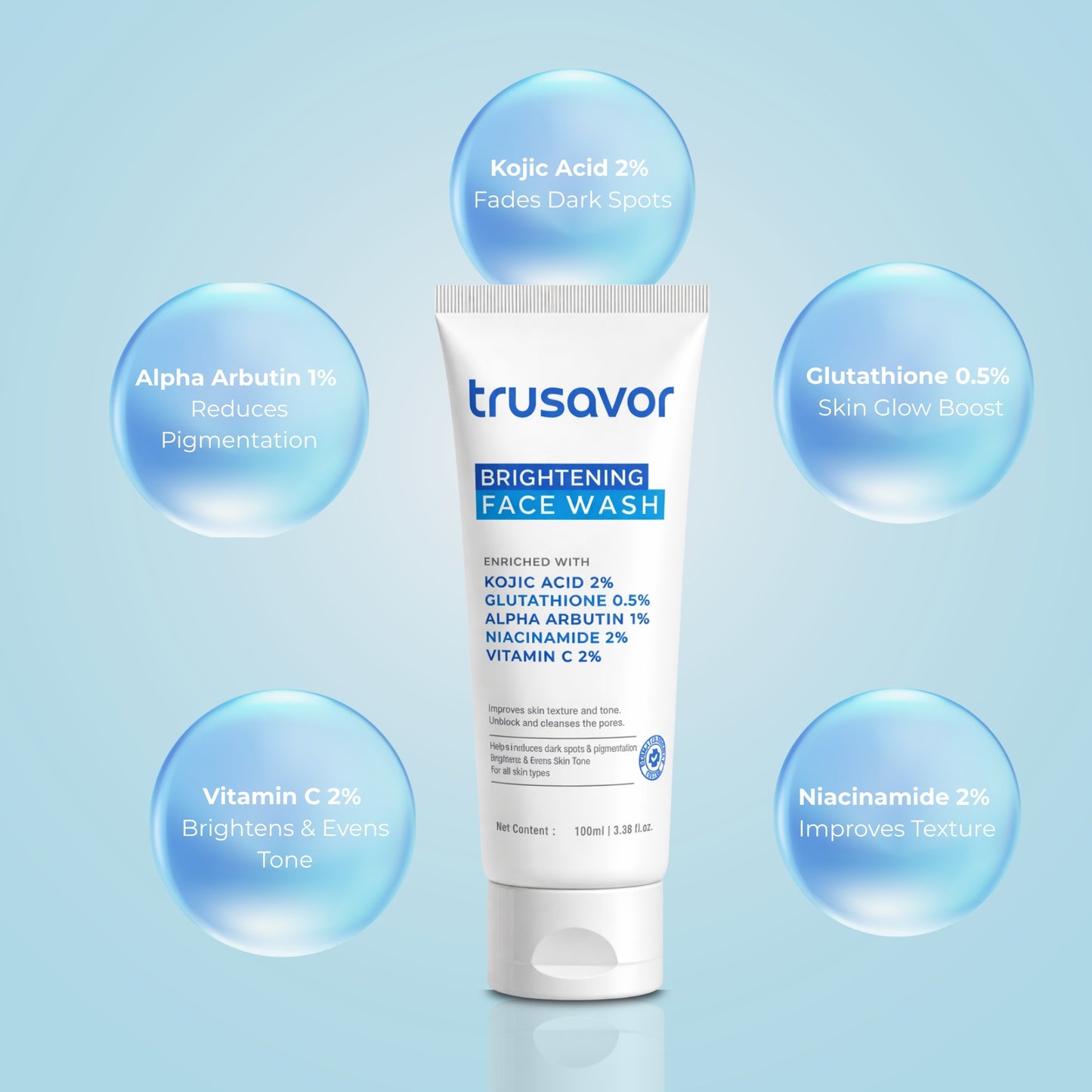 Trusavor 2% Kojic Acid Brightening Face Wash | Glutathione, Niacinamide, Alpha Arbutin & Vitamin C | SLS-Free Deep Cleansing | Fades Dark Spots & Dullness | For Women & Men | All Skin Types | 100 ml