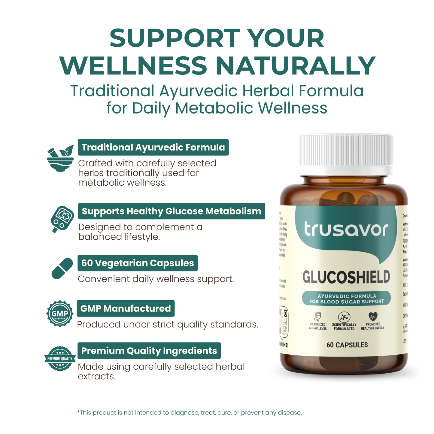 Trusavor Glucoshield | Ayurvedic Herbal Supplement for Daily Blood Sugar Wellness Support | 60 Vegetarian Capsules