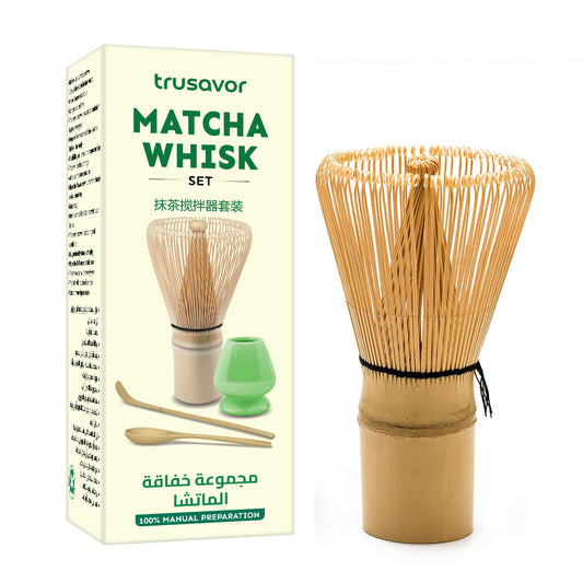 Trusavor Matcha Whisk Set, Traditional Bamboo Chasen with Stand and Scoop, Green and Natural, Manual Tea Preparation Kit