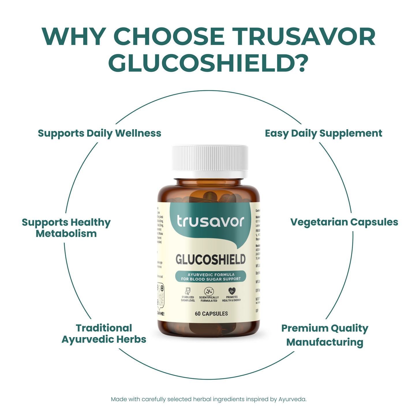 Trusavor Glucoshield | Ayurvedic Herbal Supplement for Daily Blood Sugar Wellness Support | 60 Vegetarian Capsules