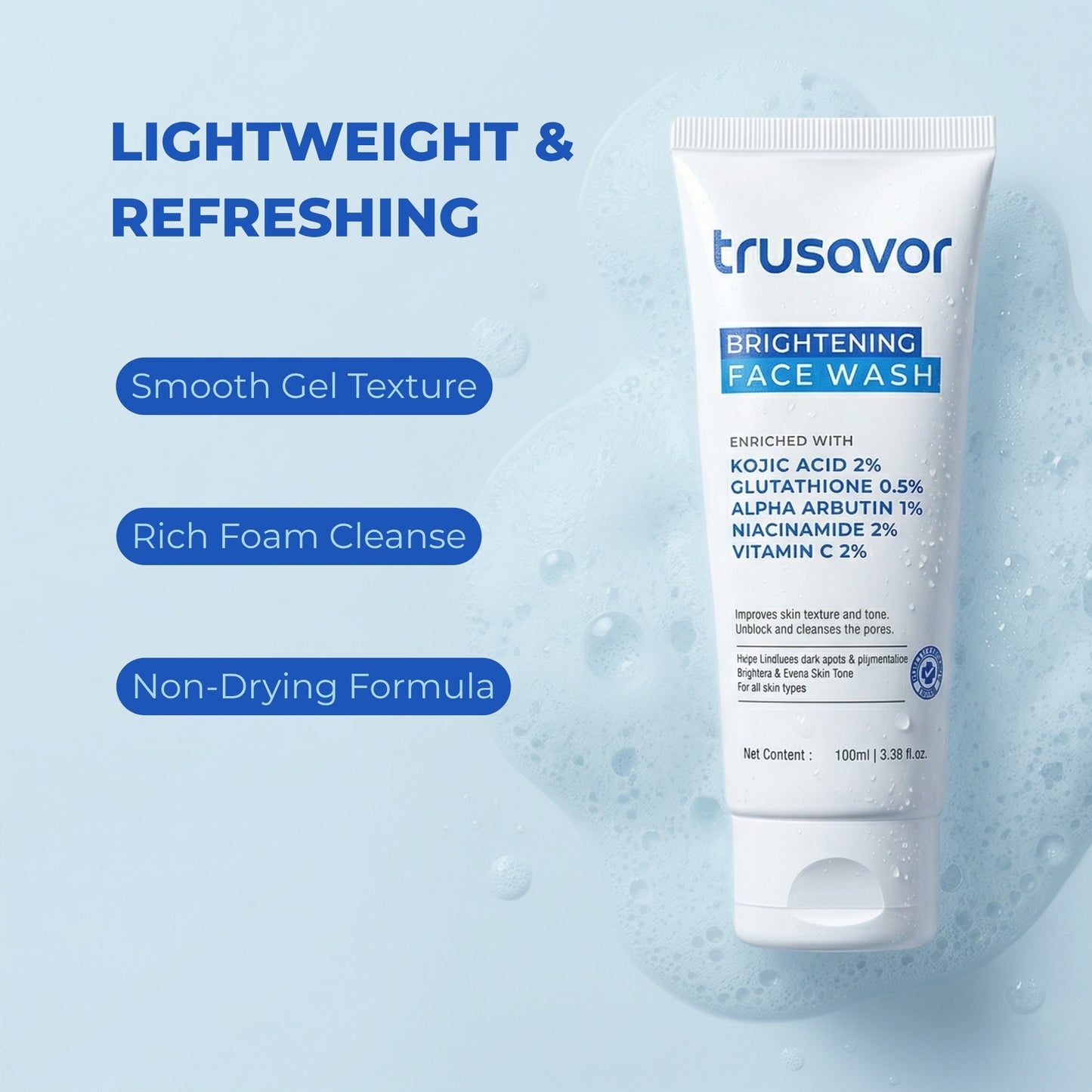 Trusavor 2% Kojic Acid Brightening Face Wash | Glutathione, Niacinamide, Alpha Arbutin & Vitamin C | SLS-Free Deep Cleansing | Fades Dark Spots & Dullness | For Women & Men | All Skin Types | 100 ml
