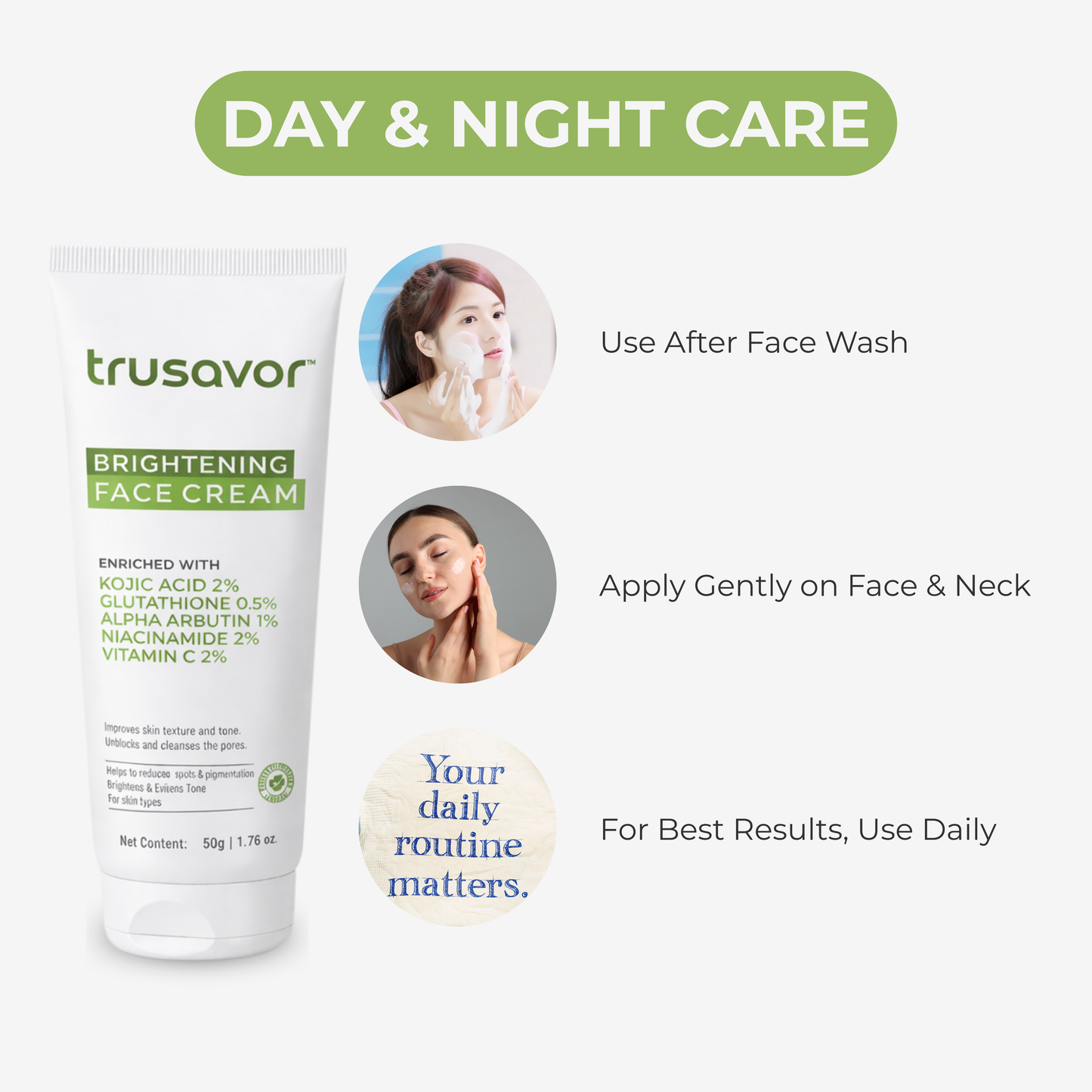 Trusavor Brightening Face Cream | Kojic Acid, Glutathione & Alpha Arbutin | Sweet Almond Oil & Chamomile | Radiance Boosting Daily Moisturizer | Non-Greasy | For Women & Men | All Skin Types | 50 gm