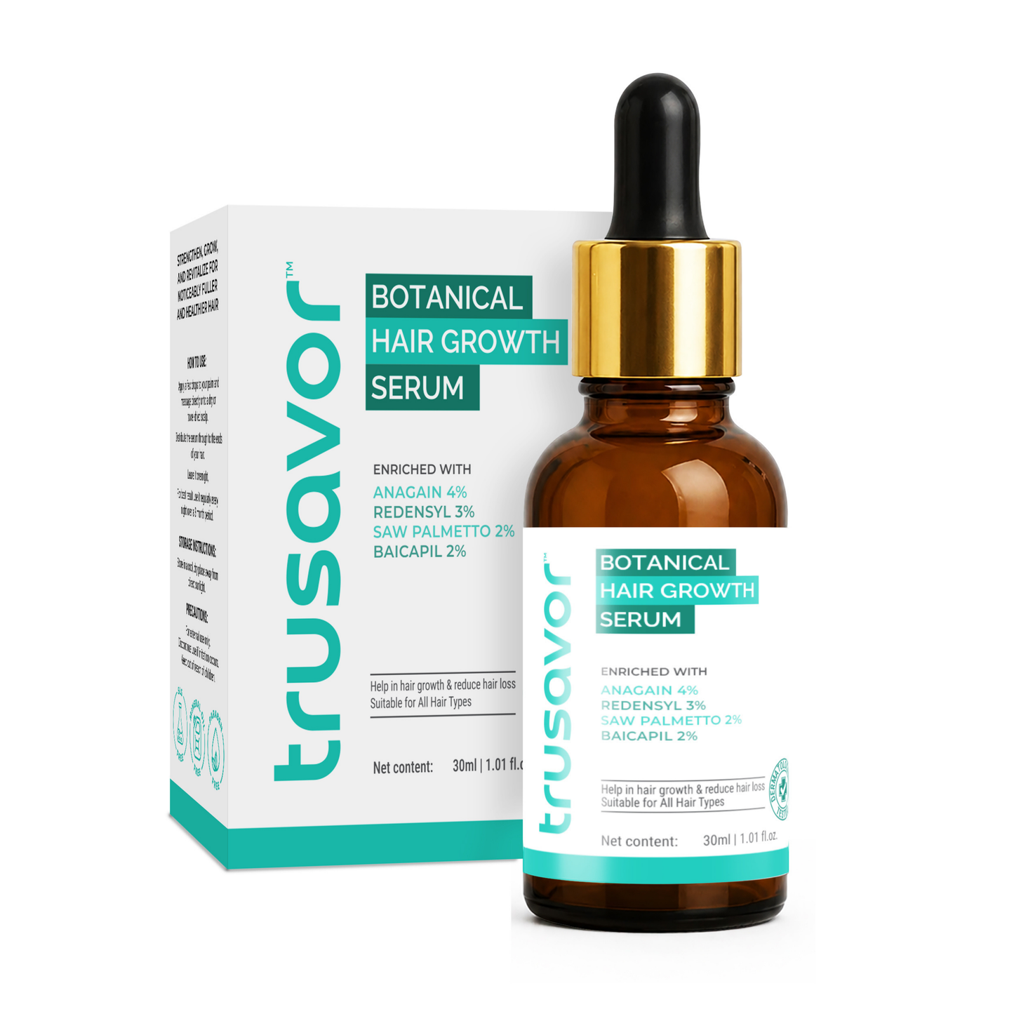 Trusavor Botanical Hair Growth Serum 30 ml | 4% Anagain, 3% Redensyl, 2% Baicapil, 2% Saw Palmetto & Biotin | Thicker & Stronger Hair | Prevents Hair Fall & Stimulates Follicles | For All Hair Types
