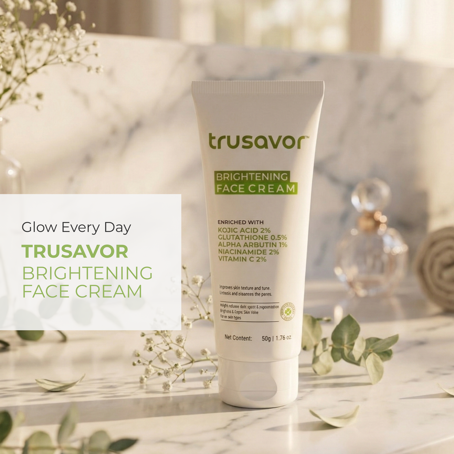 Trusavor Brightening Face Cream | Kojic Acid, Glutathione & Alpha Arbutin | Sweet Almond Oil & Chamomile | Radiance Boosting Daily Moisturizer | Non-Greasy | For Women & Men | All Skin Types | 50 gm