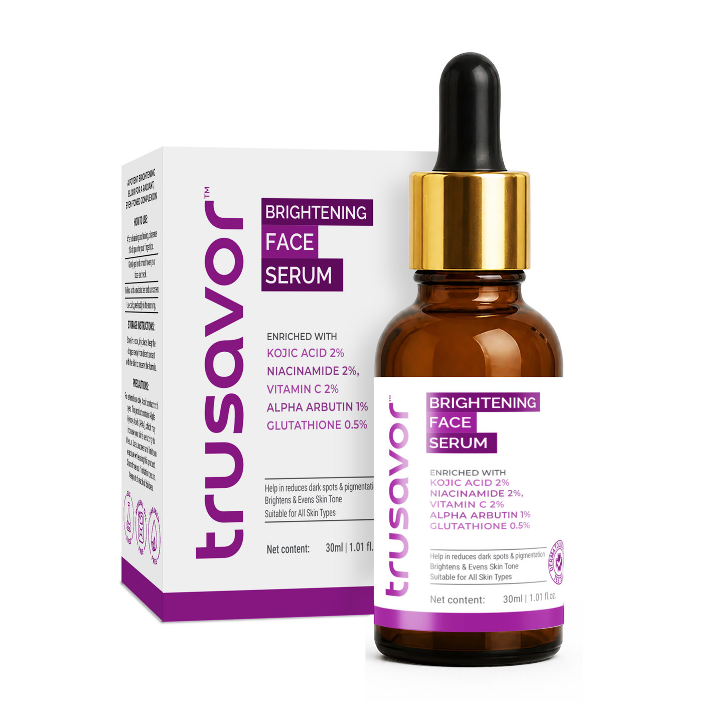 Trusavor Brightening Face Serum | Kojic Acid, Glutathione, Alpha Arbutin & Vitamin C | Hyaluronic Acid & Squalane | Fades Dark Spots & Hyperpigmentation | Lightweight | For Women & Men | 30 ml