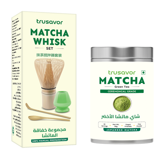 Trusavor Matcha Whisk Set with Japanese Matcha Green Tea 50g | Ceremonial Grade, Vegan Friendly, Fine Powder | Traditional Bamboo Whisk, Spoon & Holder
