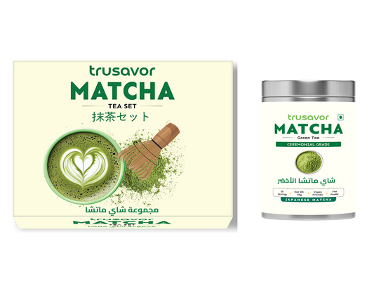 Trusavor Matcha Tea Set with Ceremonial Grade Green Tea Powder, Traditional Bamboo Whisk, Mint Green Ceramic Bowl, Scoop, Stand, 50g