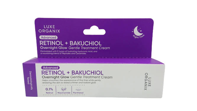LUXE ORGANIX Retinol Cream + Bakuchiol, a gentle treatment for nighttime glow, 30g